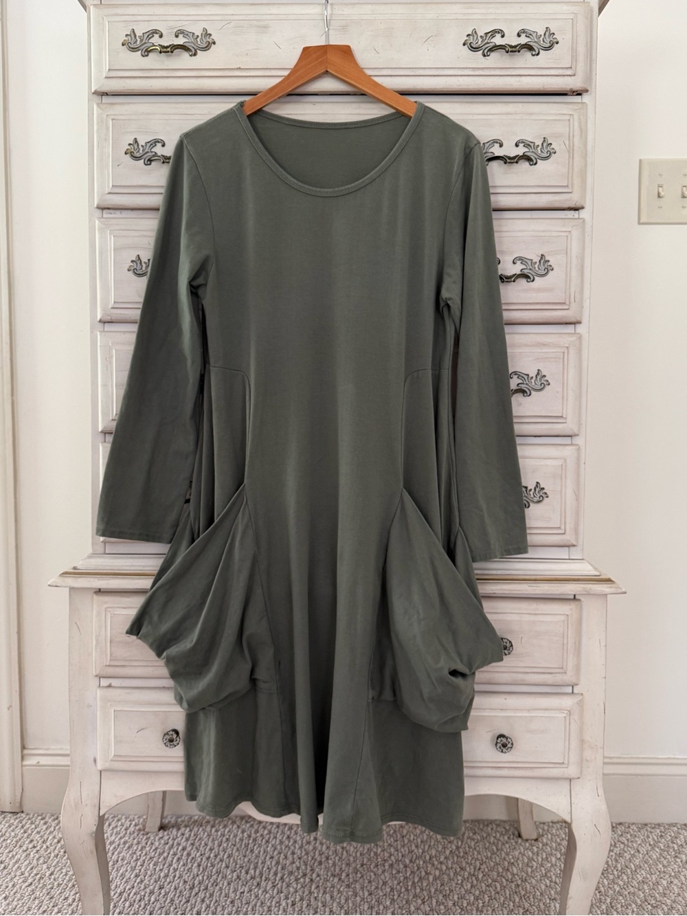 Olive Lagenlook Cotton Pocketed Dress